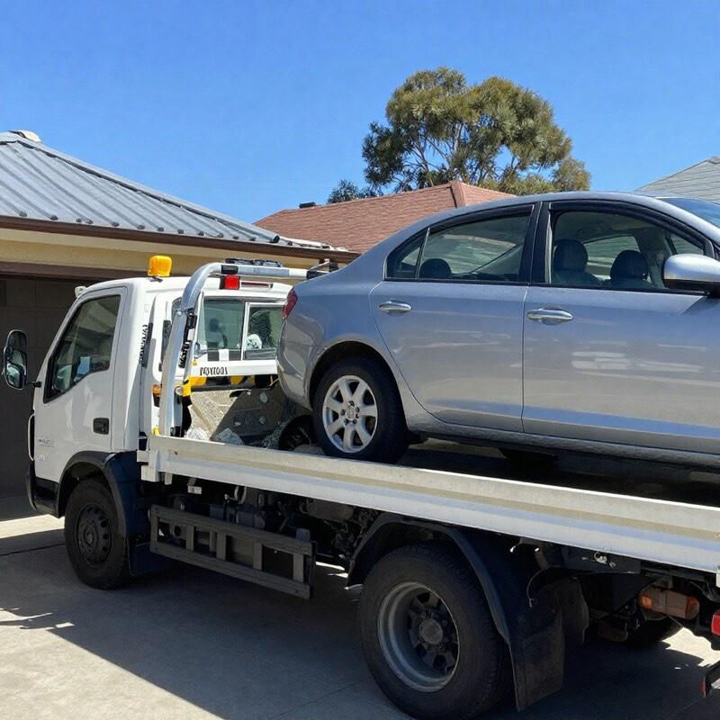 Tow truck collecting an unregistered car from a Perth driveway after sale to a cash for cars