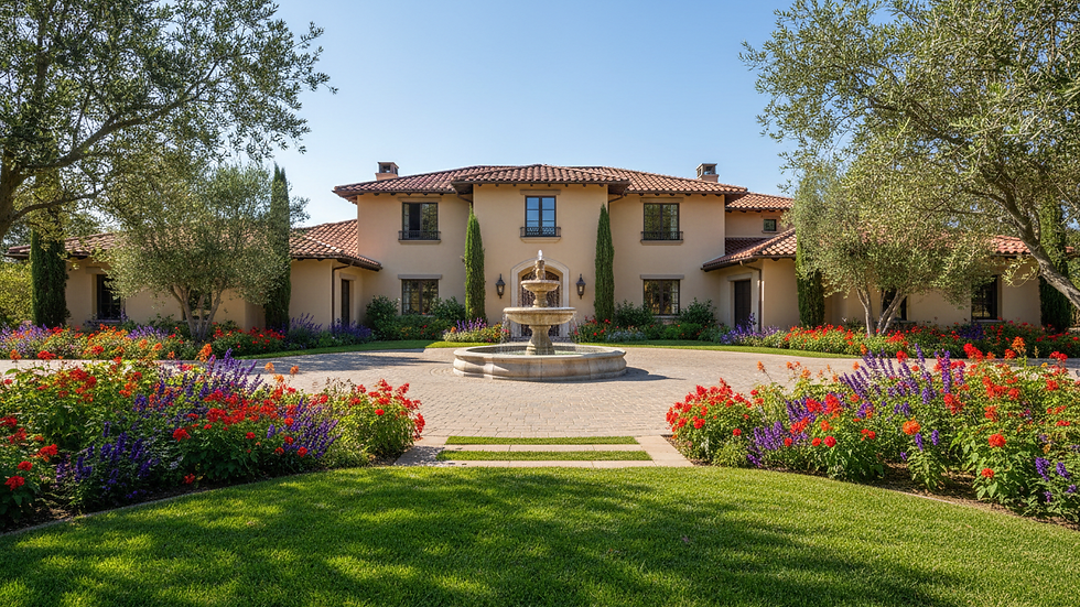 Wide angle view of a Fallbrook home exterior with a well-maintained garden