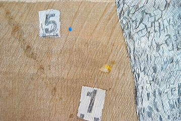 Detail of a painting. Collage, handmade paint, recycled printer ink, pencil