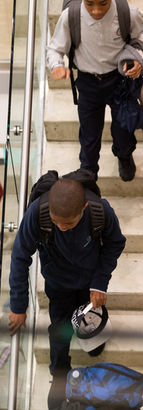 Brooklyn Lab students walking down staircase