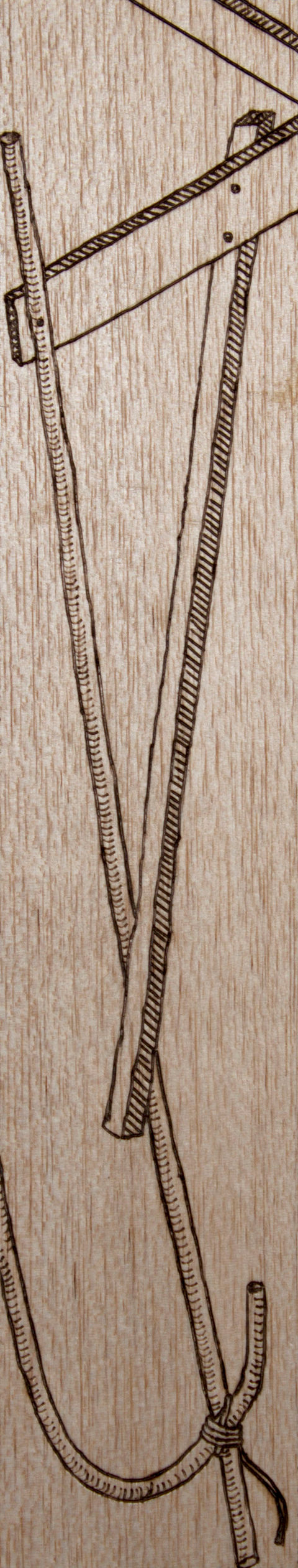 on a piece of balsa measuring 15.5 x 3 inches with delicate wood burn line drawings of various pieces of construction material such as wood, bamboo and twine. across the top a piece of wood shape is attached to two thinner pieces of wood and bamboo rod creating a long thin triangular shape. down at the bottom a hook like shape of bamboo or rod emerges from the left side of the balsa and is tied to to one of the descending pieces of rod/bamboo with twine. the line work is light with cross hatching to create depth and shadow. 

