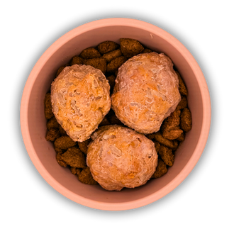 turkey meatballs on top of high quality dog food in a pink bowl 