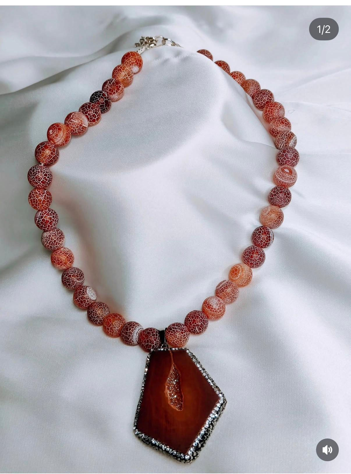 AAN04 Fiery Earth Geode & Red Spider Agate Necklace