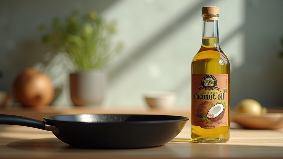 Eye-level view of a kitchen counter with a frying pan and a bottle of cold-pressed coconut oil