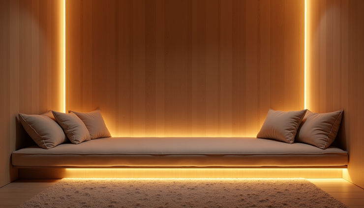 Eye-level view of a cozy corner with a meditation cushion and soft lighting