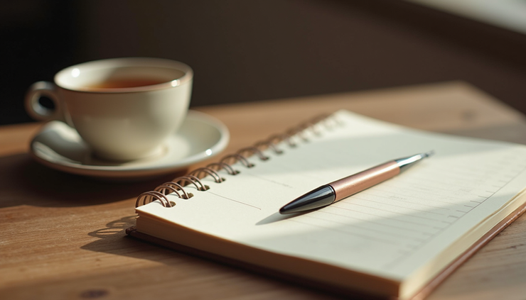 Close-up view of an open journal with a pen and calming tea cup on a wooden table