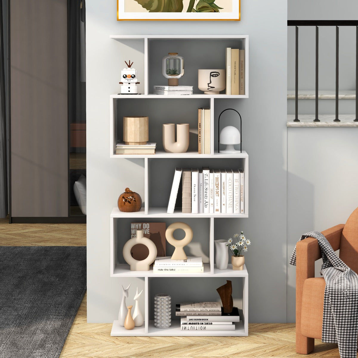 NNECW Geometric S-Shaped Bookcase with Anti-Toppling Device for Living Room/ Hom