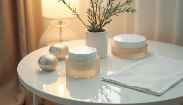 High angle view of a cozy bedroom with soft lighting and a bedside table holding eye care products