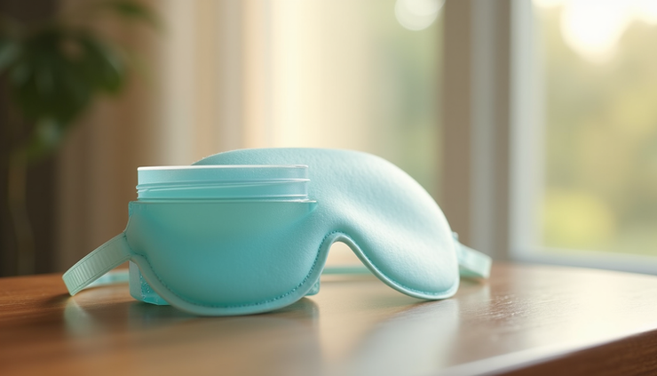 Close-up view of cooling eye mask on a bedside table