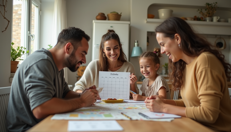 Eye-level view of a family calendar and meal planner spread on a kitchen table