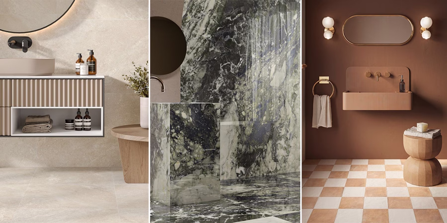 Commercial bathroom with textured tiles, a key trend in bathroom tile trends 2025
