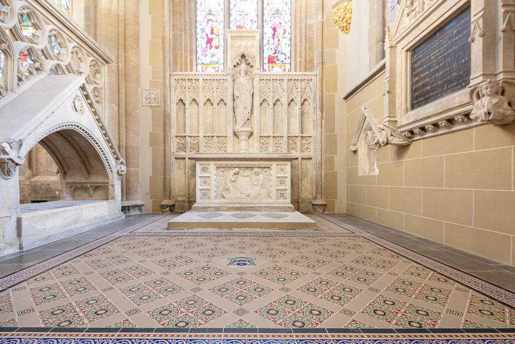 Top-down view of the handcrafted encaustic tile floor in Salford Cathedral installed by ABM Tiling during the Restoring the Glory heritage restoration