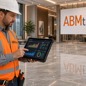 A site manager reviewing live project data on a tablet on an ABM Tiling site, representing connected information flow between site and office.
