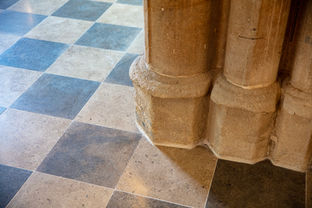 Top-down view of the handcrafted encaustic tile floor in Salford Cathedral installed by ABM Tiling during the Restoring the Glory heritage restoration