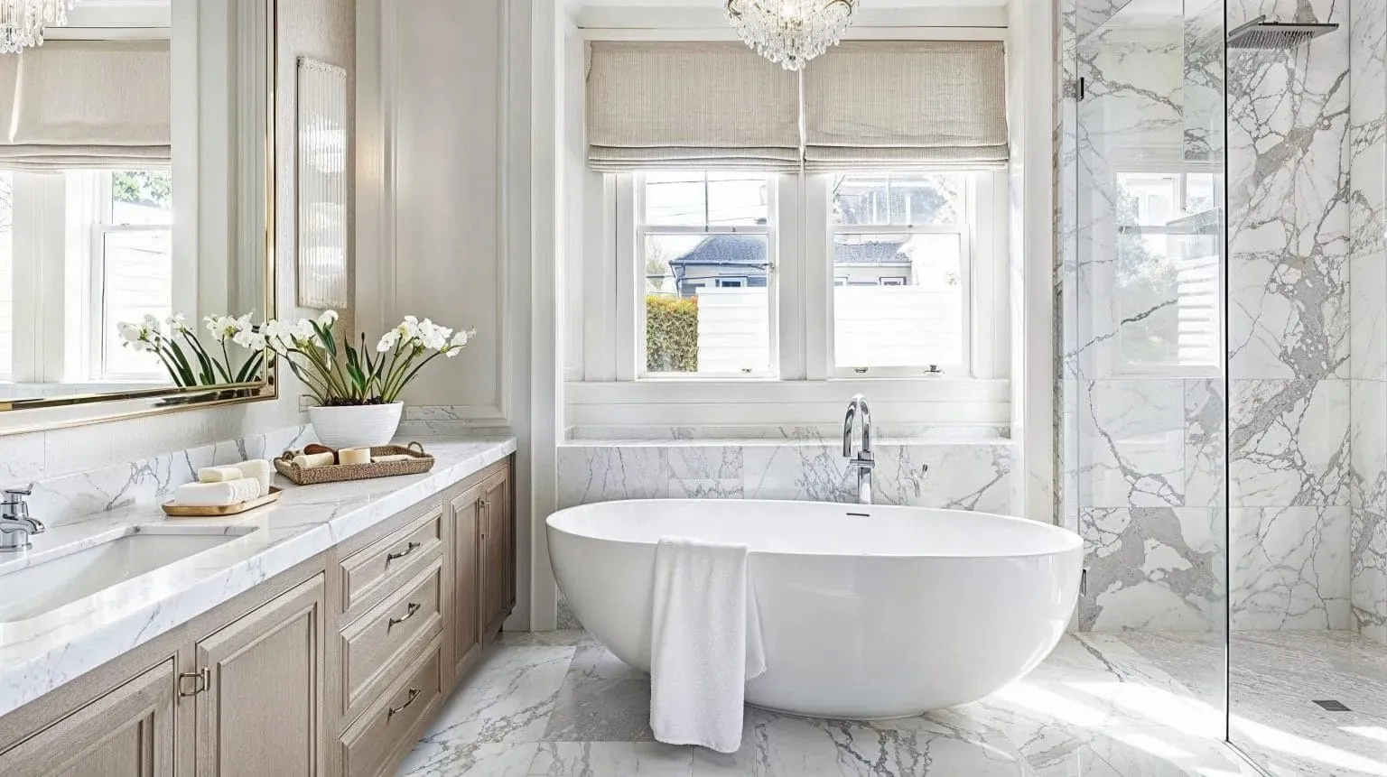 Residential bathroom featuring natural stone tiles, popular in 2025