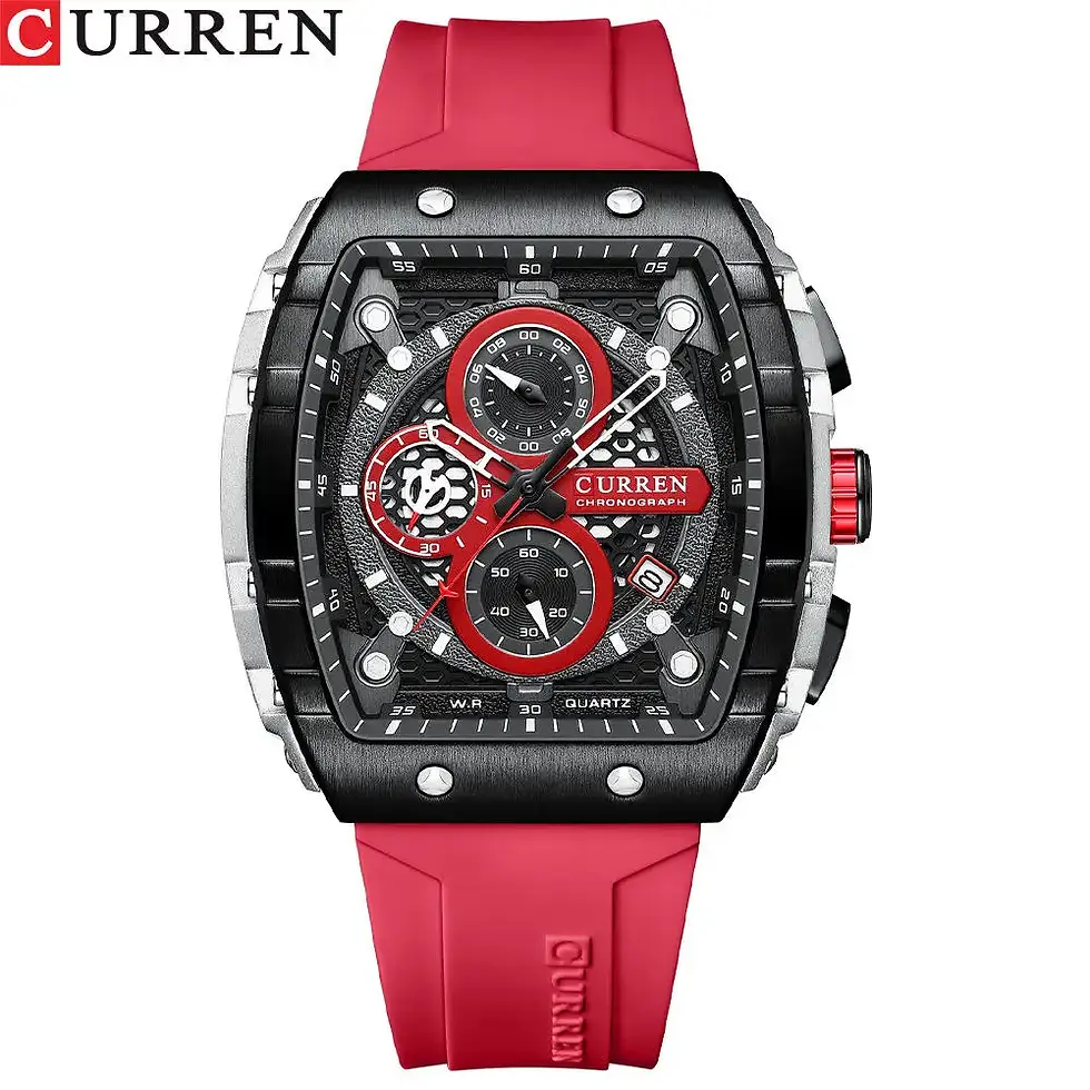 Thumbnail: CURREN watch, black rectangular case, red strap