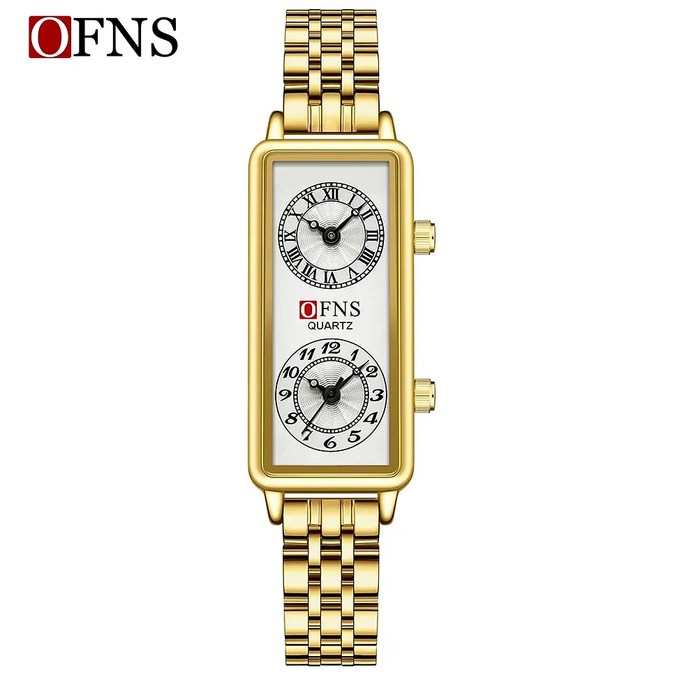 Thumbnail: Gold rectangular dual time ladies watch
