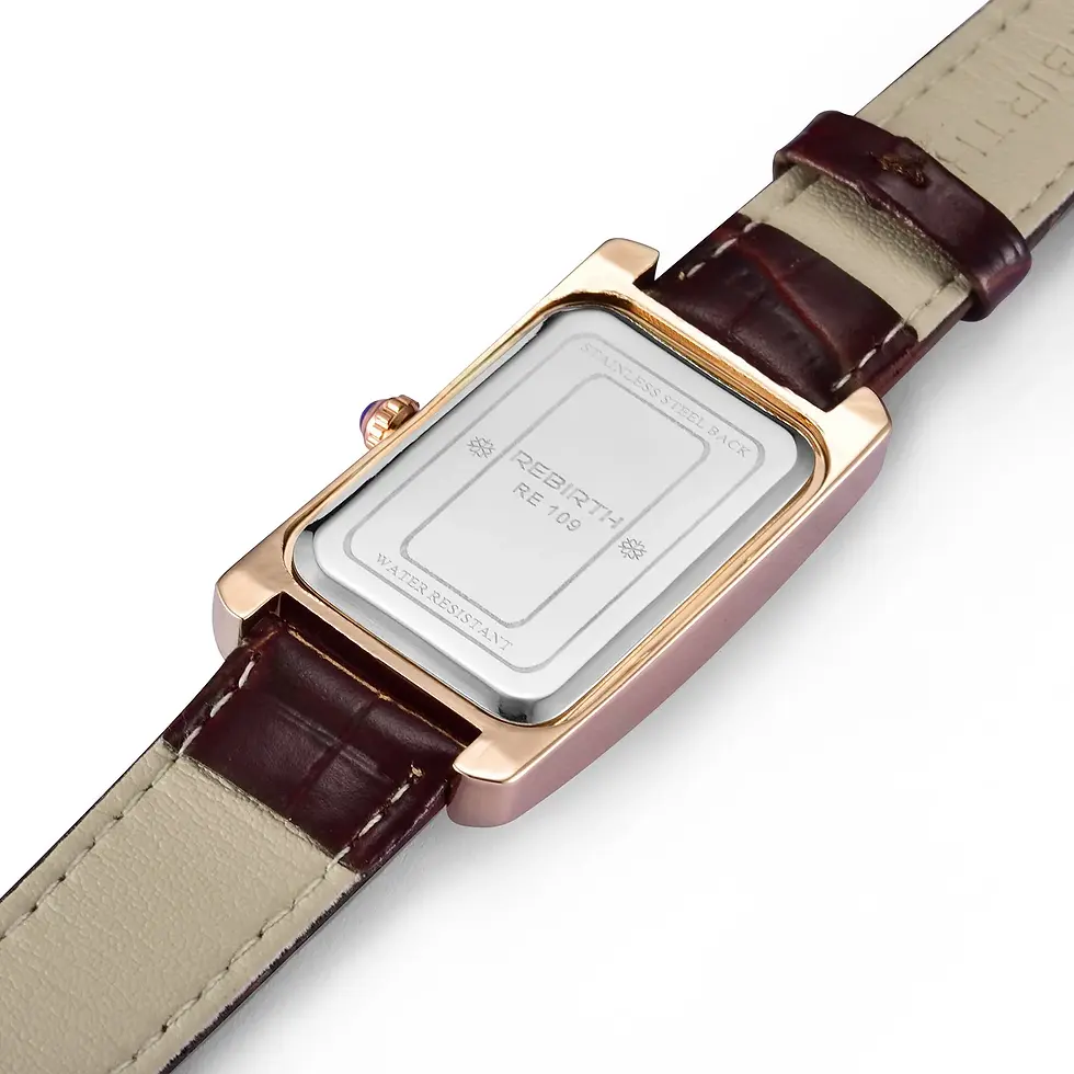 Thumbnail: Back of rectangular rose gold watch with brown leather strap