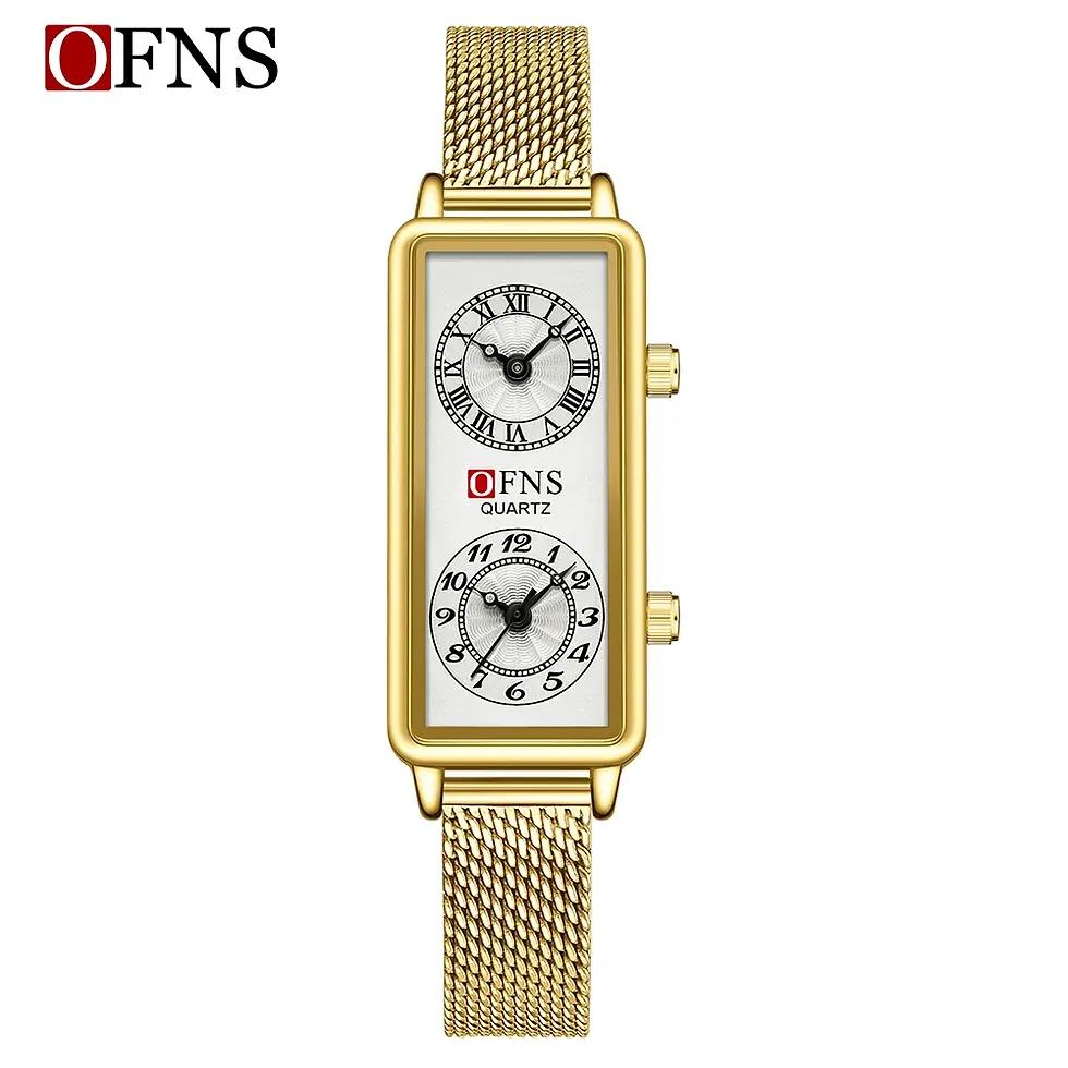 Thumbnail: Gold rectangular watch with two dials, OFNS brand
