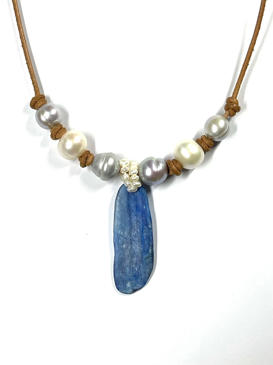 Pearl and kyanite necklace on leather