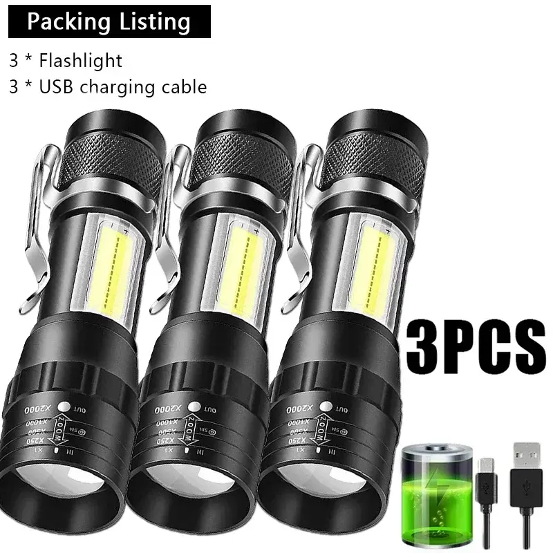 Lanterna LED Recarregável com Zoom, Clip e Luz Lateral