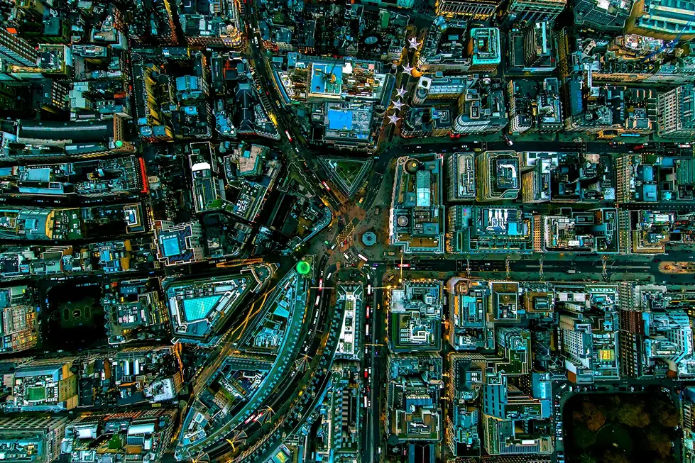 Vertical aerial of Piccadilly Circus London