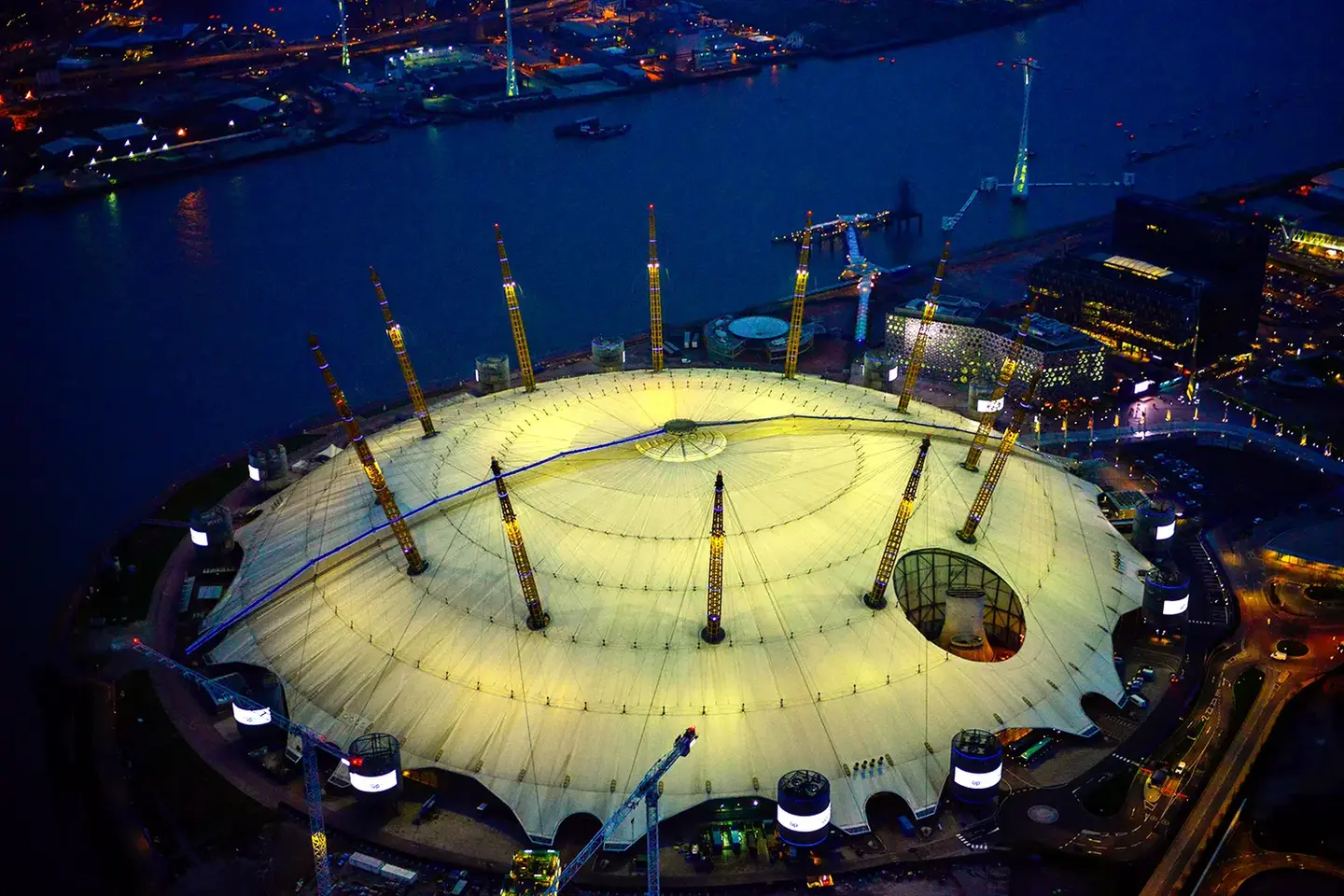 Aerial night photography of O2 Dome Greenwich