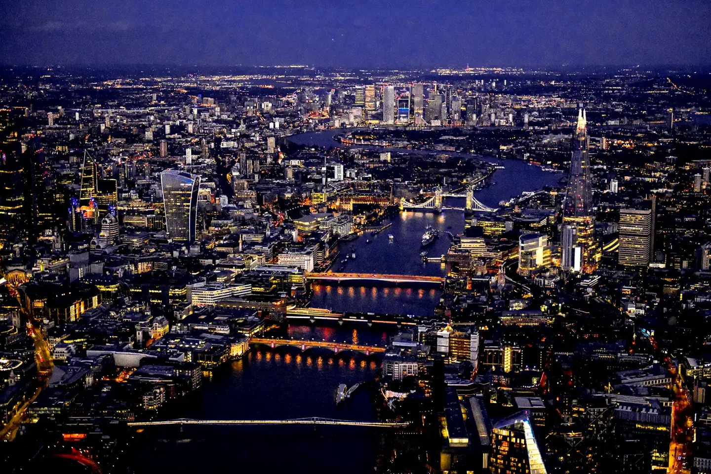 Aerial night photography of the River Thames and the City