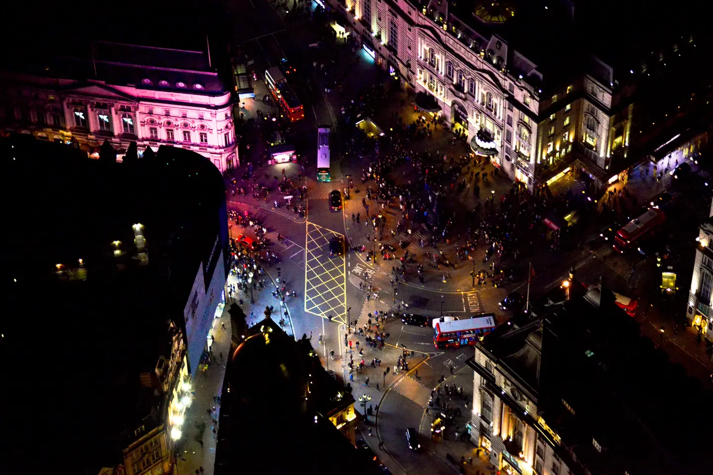 Aerial night photography of Eros in Piccadilly Circus