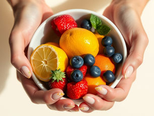 Close-up of hands holding a bowl of fruit with glossy fruit-inspired press-on nails in lemon, strawberry, and blueberry designs, summer aesthetic.