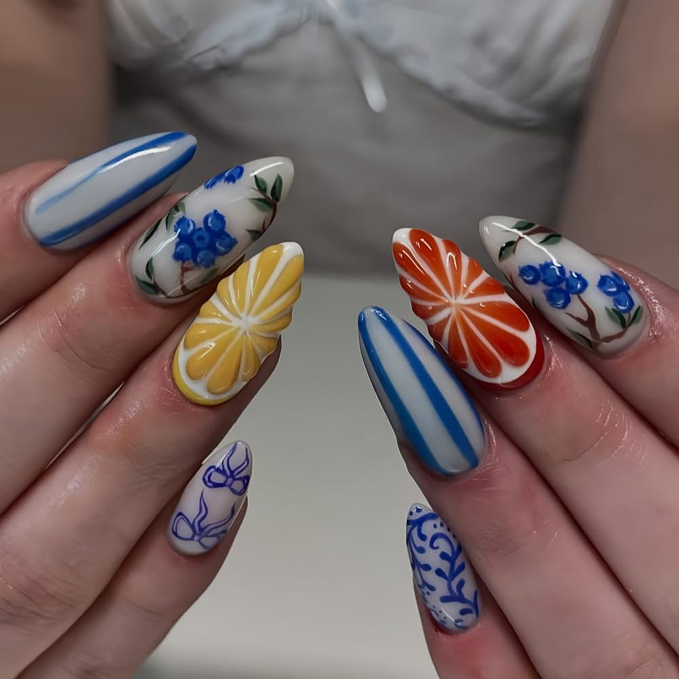 3D Lemon & Blueberry Bow Nails