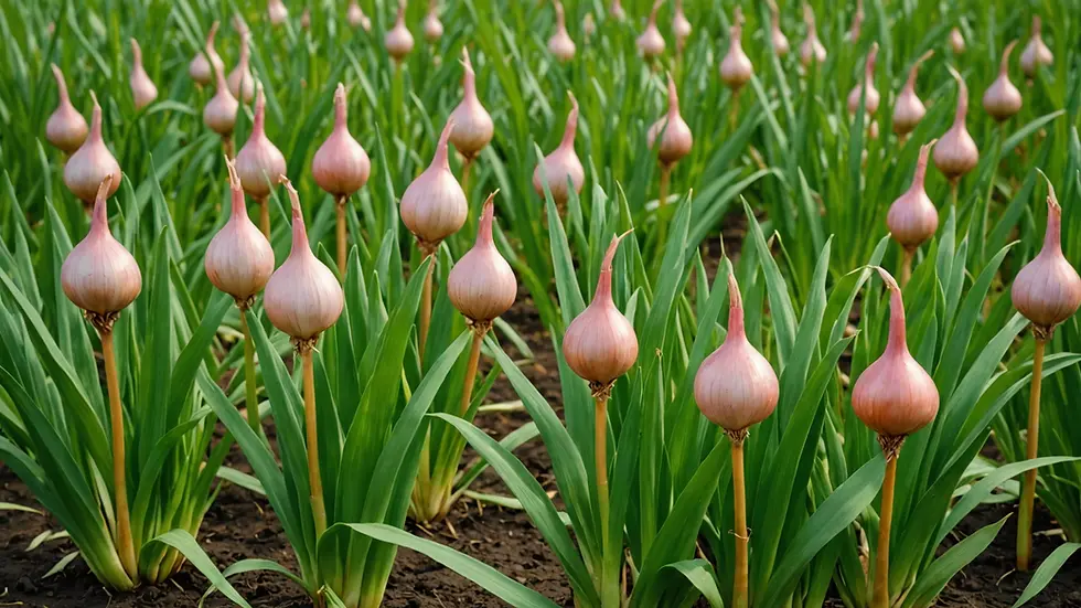 Close-up view of healthy shallot plants in a farm field