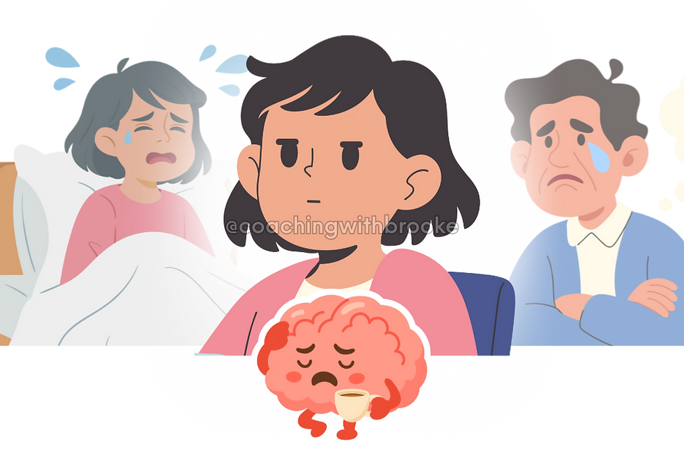 a woman is feeling indifferent while people complain behind her. Her brain looks burned out