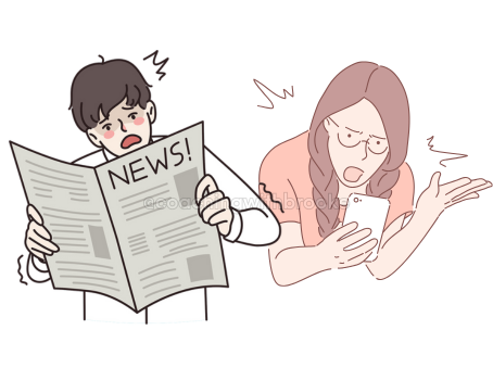 A man is shocked by the newspaper. A woman is appalled by what she's reading on her phone