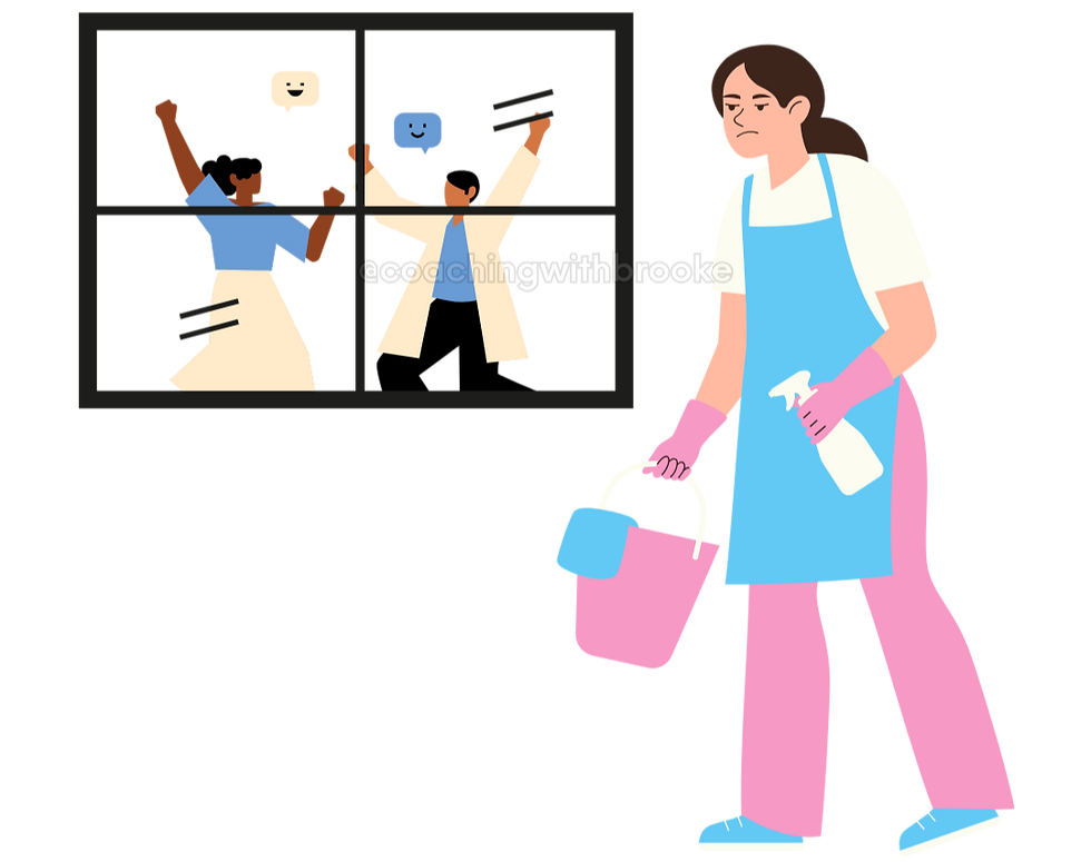 A woman feels regretful because she was quick to volunteer and now she's stuck cleaning while her colleagues have fun.