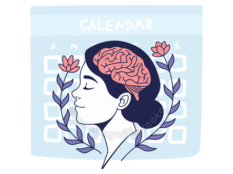 A side profile of a woman lovingly assessing her brain in front of a calendar