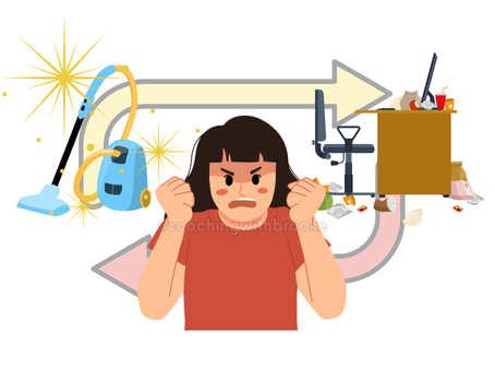 A woman clutches her fists in frustration at the cycle of clean: a sparkling vacuum, and chaos: her messy desk. An arrow shows the cycle.