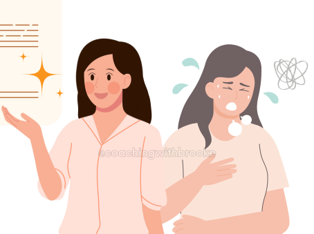 On the left, a woman confidently gives a presentation. On the right, she breaks down afterwards, exhausted.