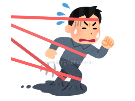 A man is struggling to walk forward and being held back by red resistance bands. His feet are also melting into the ground.