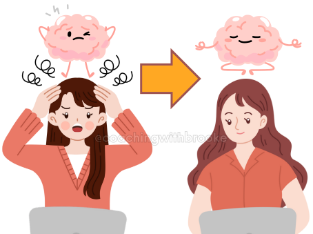 A woman is stressed and overwhelmed by her chaotic brain. on the right, she knows how to quiet it.