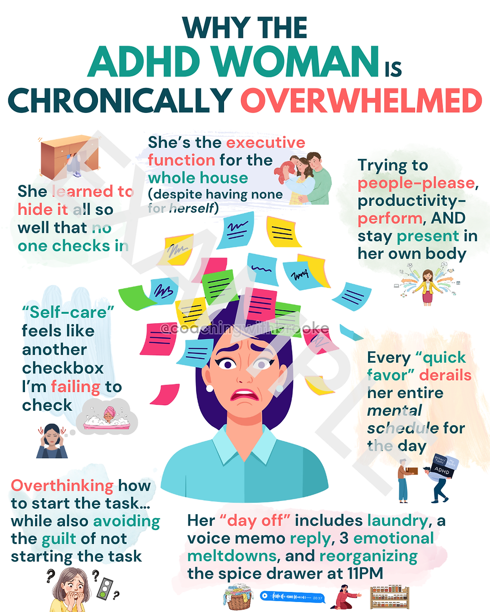 Infographic: Why the ADHD Woman is Chronically Overwhelmed, showing overwhelmed woman.