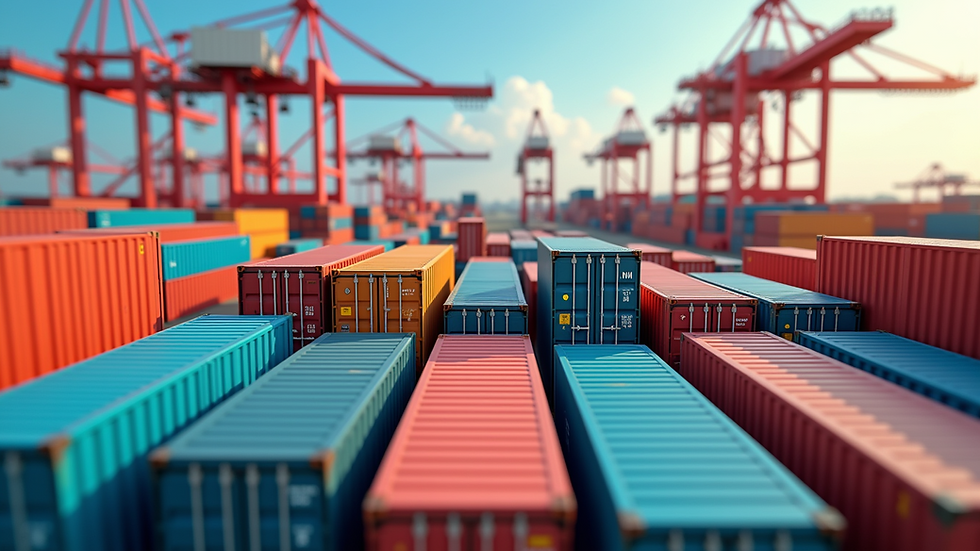 Eye-level view of cargo containers stacked at a busy port