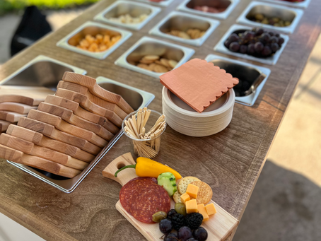Charcuterie Cart, Cheese Crackers Fruits, Mini Cutting Boards cutely displayed