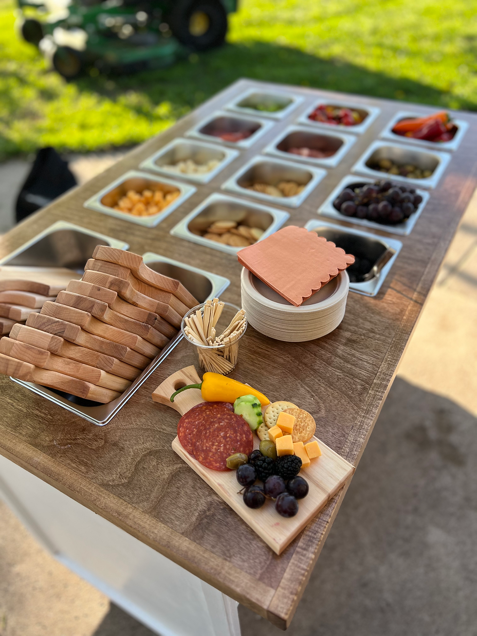 Charcuterie Cart, Cheese Crackers Fruits, Mini Cutting Boards cutely displayed
