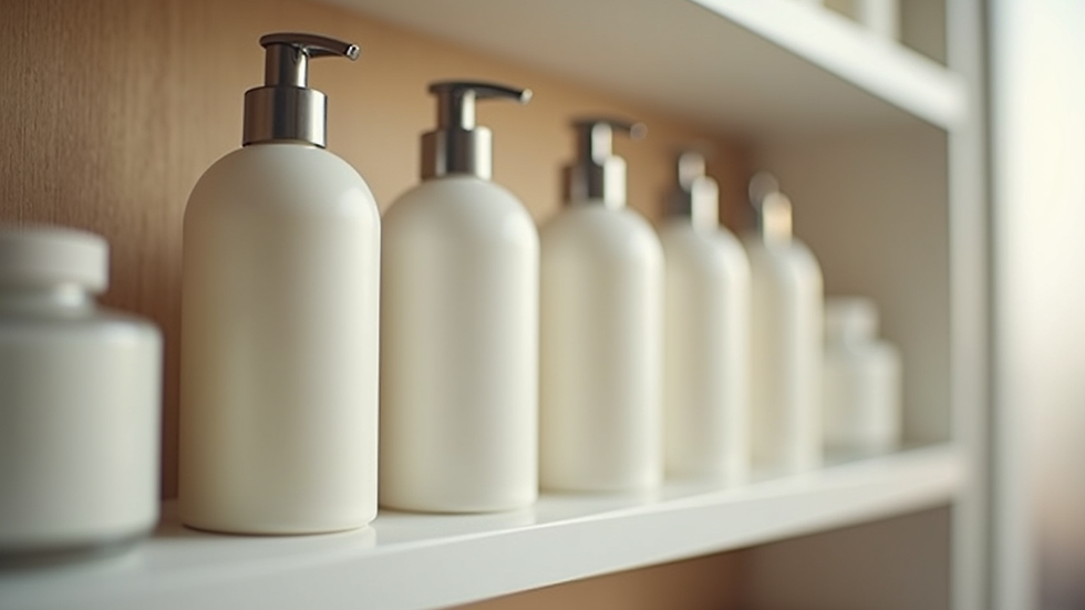 Eye-level view of lotion bottles on a bathroom shelf