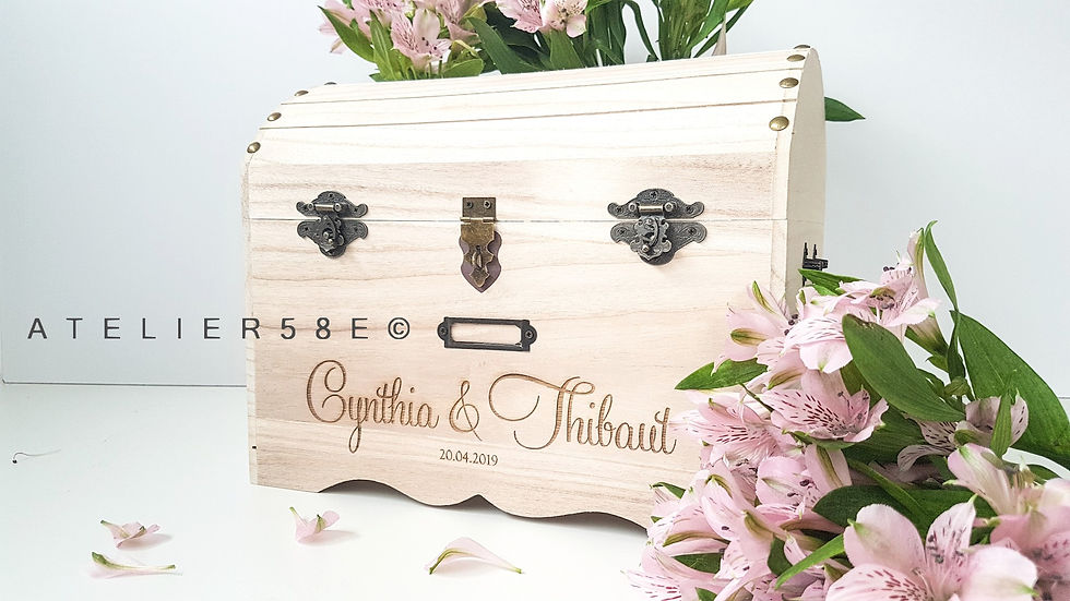 Coffre en bois urne de mariage champêtre avec gravure et serrure