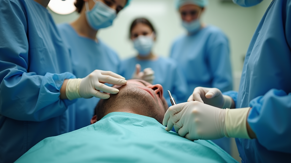 Eye-level view of a clinic room prepared for hair transplant surgery