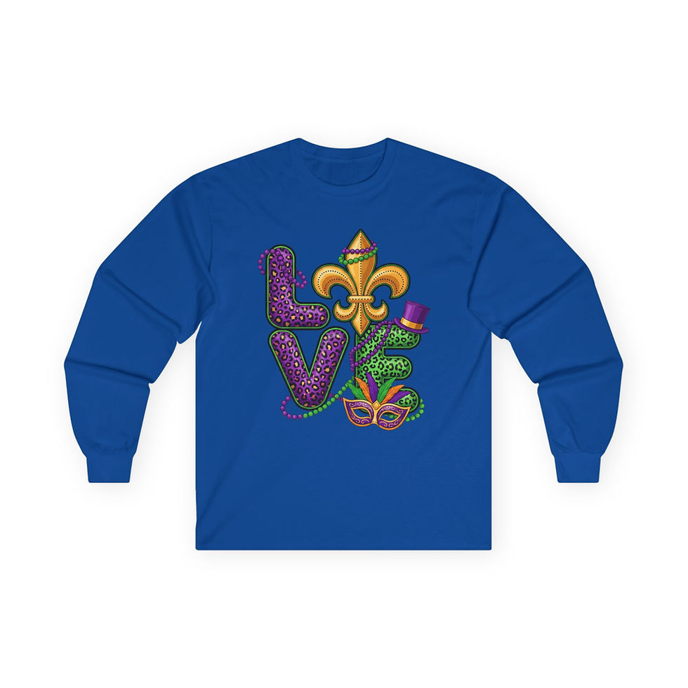 Thumbnail: Mardi Gras LOVE Long Sleeve Tee -Fleur-de-Lis, Mask & Beads Festival Shirt
