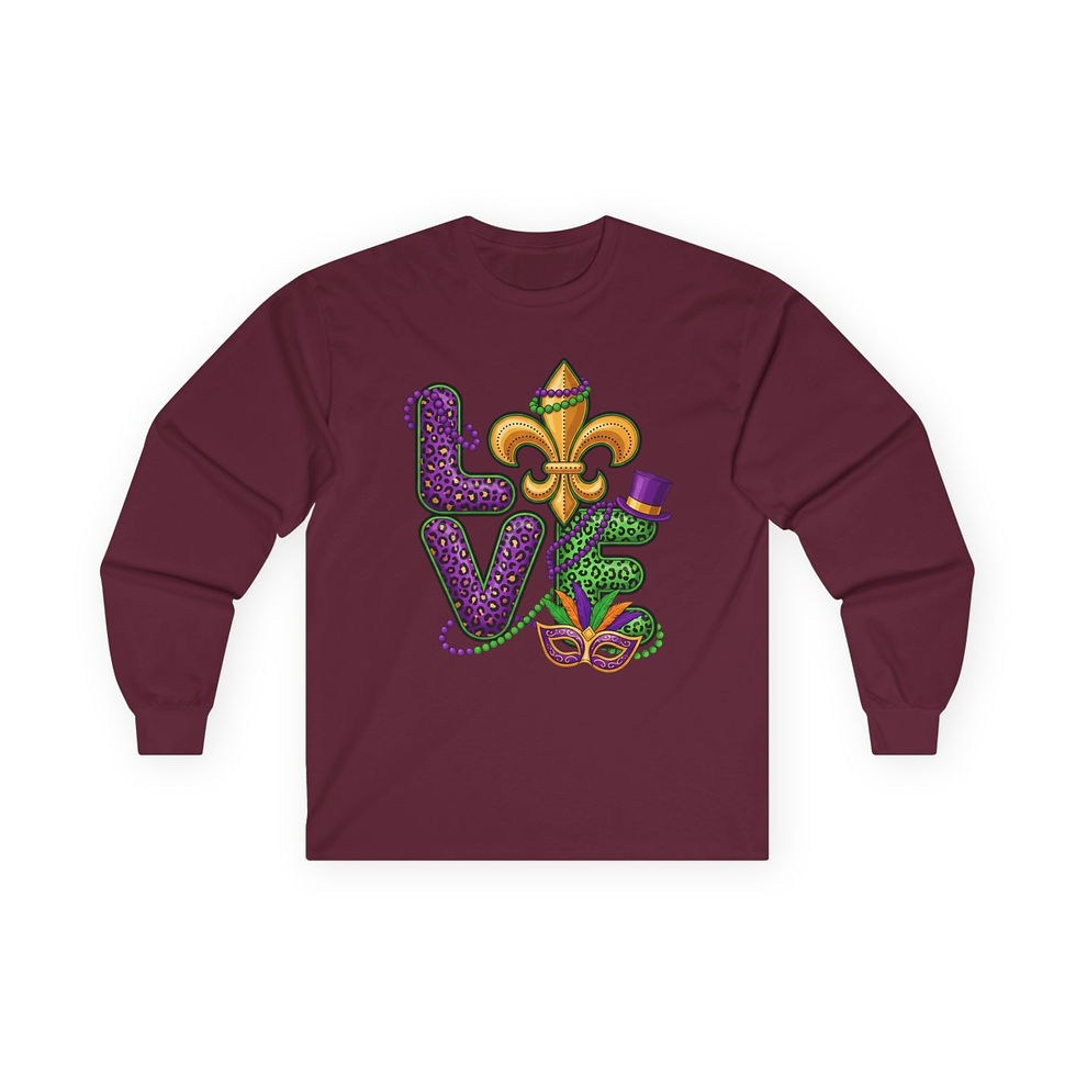 Thumbnail: Mardi Gras LOVE Long Sleeve Tee -Fleur-de-Lis, Mask & Beads Festival Shirt
