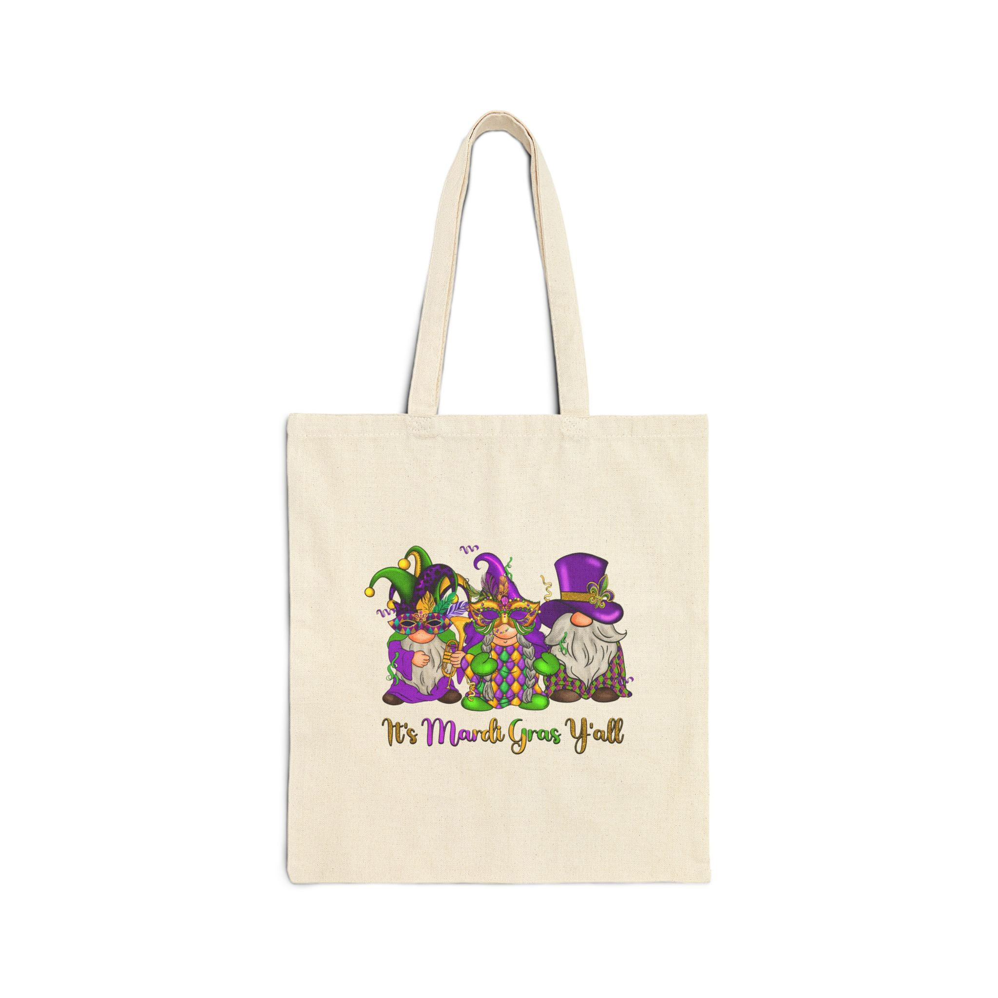 Mardi Gras Gnome Tote Bag – 'It's Mardi Gras Y'all' Cotton Canvas Market Bag